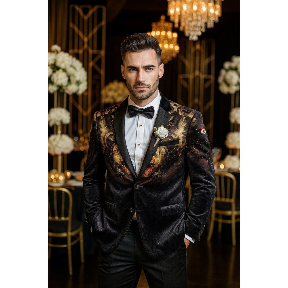 NWOT Men’s Baroque Velvet Blazer EU 50 US 40R Black Gold One Button Club Jacket